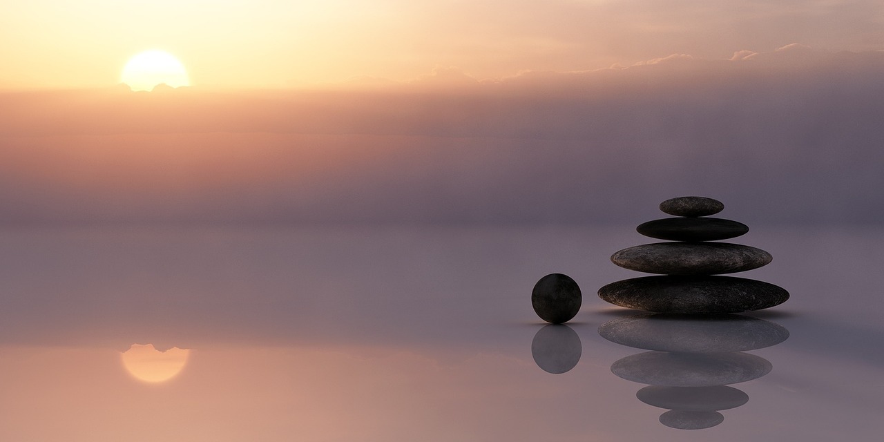 balance, nature, stones, stack, stack of stones, reflection, mirroring, mirror image, sunset, dusk, twilight, meditation, meditate, silent, sky, sun, clouds, wellness, zen